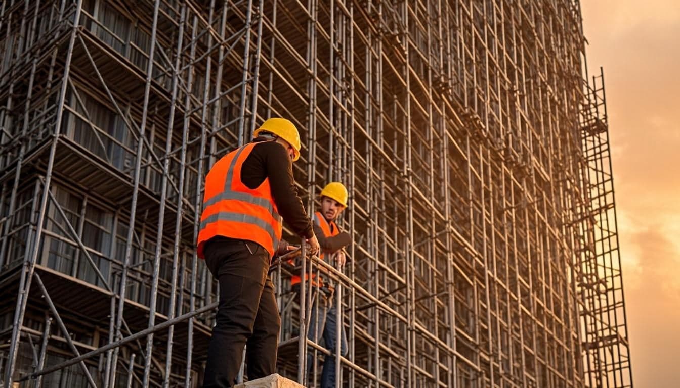 Ipari homlokzati állványzat egy többemeletes épületen, aranyóra fényben